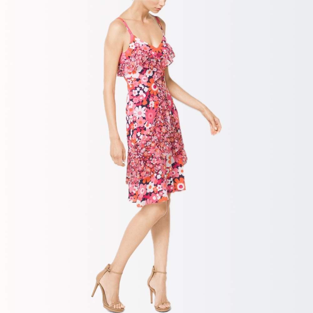 Michael Kors Collection $1750 Runway Floral Silk Georgette Azalea Ruffle Dress 8